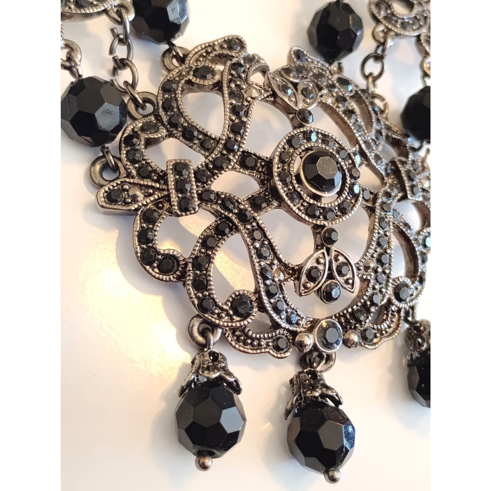 💜Gothic Victorian Revival Gunmetal Black Rhinestone Vampy Dark Fairy Necklace